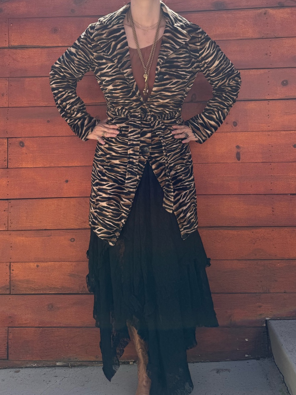 Vintage tiger Print Long Women's Coat in Brown/Black